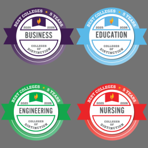 SFU distinction badges in Business, Education, Engineering, and Nursing