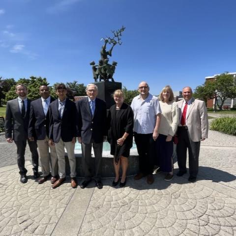 Pictured (Left to Right): Dr. Justin Merry (Professor of Biology and Department Chair), Dr. Winston Erevelles, Michael Erevelles, Dr. Wayne Takacs (Retired department chair and Professor Emeritus of Biology), Dr. Christine Everelles (Koneski) ‘86, Matt Julian ‘16 (family friend), Dr. Susan Reimer (Professor of Biology and Coordinator of Pre-Medicine), Dr. Peter Skoner (Dean of the School of STEAM) gathered on June 19, 2022, to announce the naming of the Joseph Erevelles Biology Pre-Medicine Program at Saint