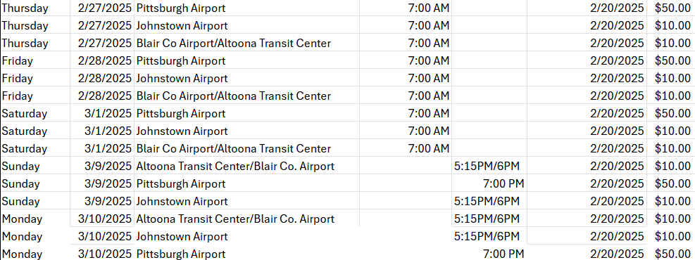 Spring 2025 Shuttle Schedule